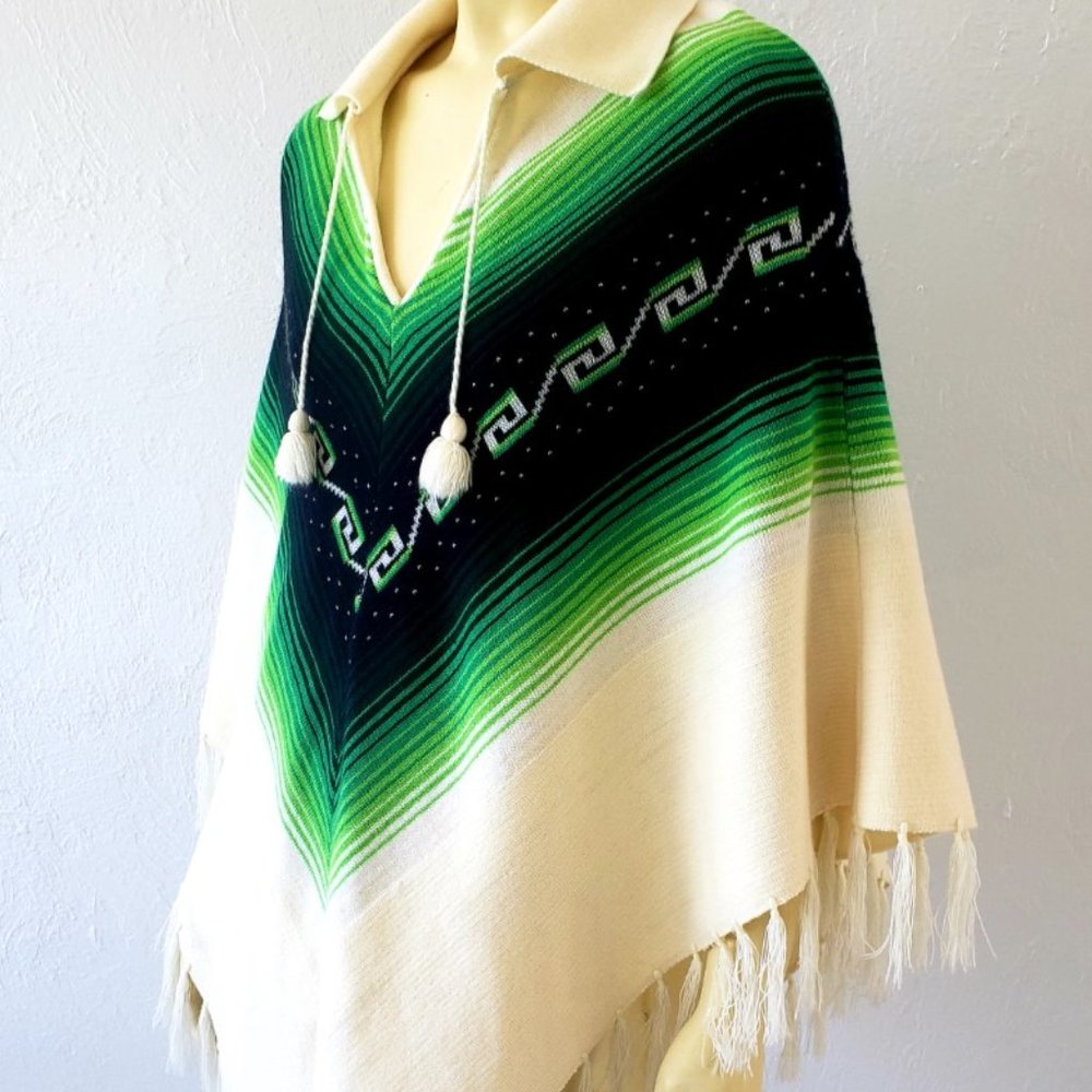vintage 1970s poncho knit sweater ivory green stripe tassels